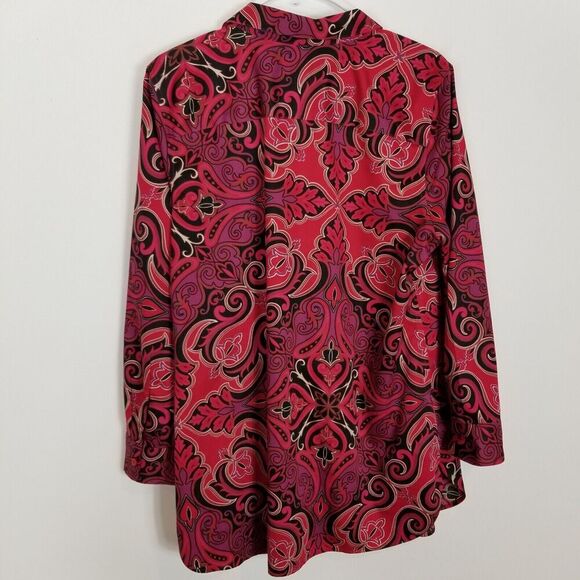 Chico's Women's Paisley Button Up Tunic Top Blouse Sz 14 Red Long Sleeve Artsy - Picture 4 of 7